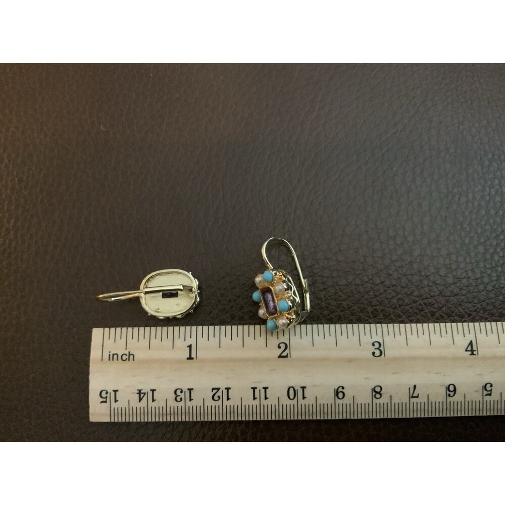 Museum Amethyst Earrings Gold Pearl Flower Turquoise Court Boho Statement VTG CZ - Picture 7 of 7